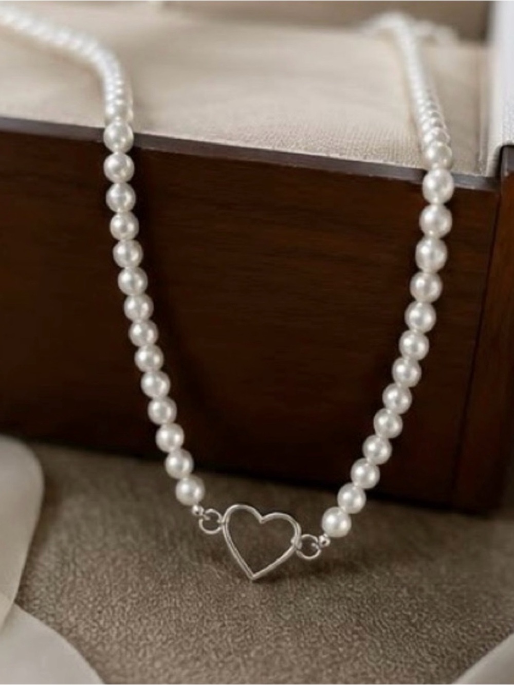 Anthropologie White Pearl Necklace with Silver Heart Charm